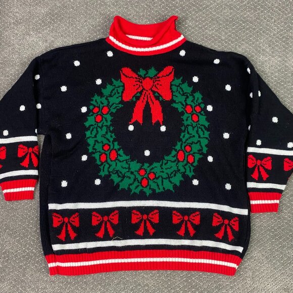 Vintage Ugly Christmas Sweater Men's Medium Black Wreath holiday Knit - Picture 1 of 8